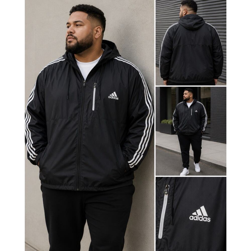 Adidas Jacket Men’s 4XL Black 3 Stripe Full Zip Lightweight Windbreaker NWOT